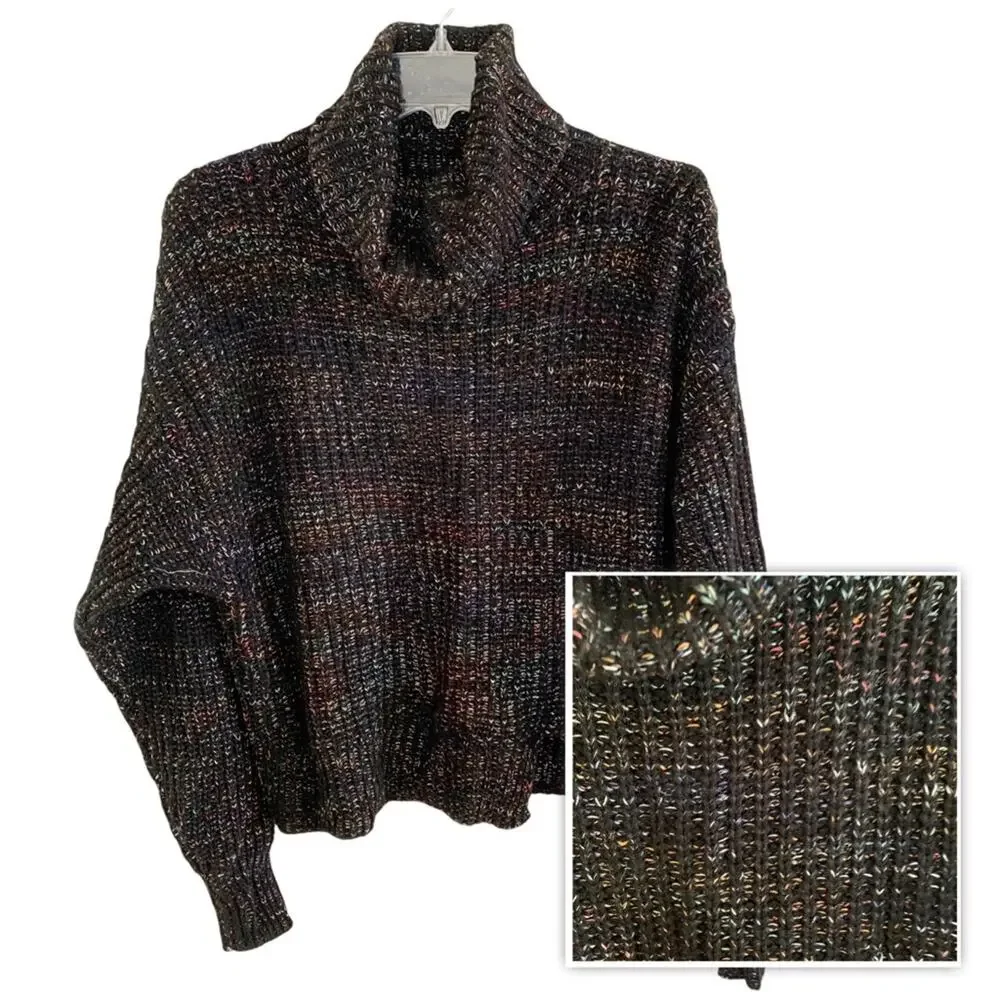 Leighton Chunky Knit Black Rainbow Confetti Turtleneck Large - Picture 1 of 8